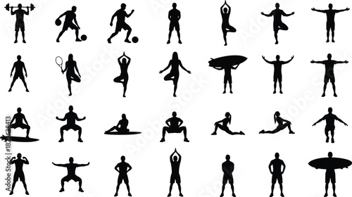 Large Fitness and Sports Silhouettes Vector Set Including Weightlifting, Yoga, Soccer, Tennis, Surfing, and Various Workout Poses, Representing Active Lifestyle and Exercise