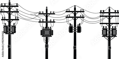 High voltage utility poles and transformers connected by overhead power lines, electrical distribution network, urban infrastructure, energy transmission system illustration