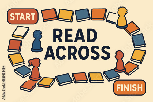 Reading game board with books and game pieces promoting literacy and learning