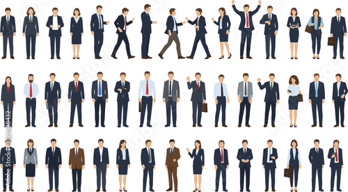 Large Set of Diverse Business People in Formal Corporate Suits and Attire with Varied Poses Including Standing, Walking, Talking, and Celebrating Success Vector Image.