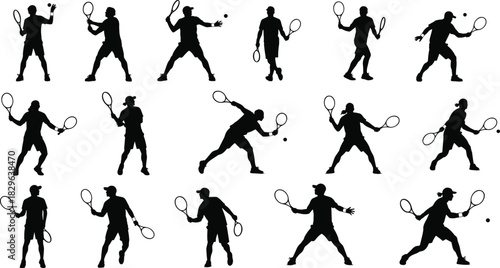 Large Tennis Player Silhouettes Vector Set in Various Action Poses Including Serving, Hitting, and Volleying, Representing Sports, Competition, Athletics, and Active Lifestyle
