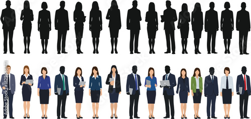 Large set of diverse business people silhouettes and full-color illustrations, including men and women in corporate suits holding documents, representing office workers, managers, professionals