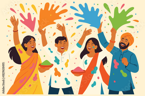 Happy people celebrating holi festival with colorful powder and water