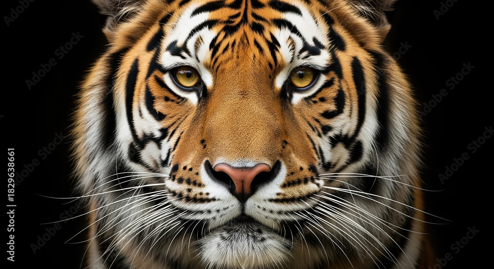 Fototapeta premium Close-up view of a tiger's face with striking yellow eyes and bold black stripes on orange fur. The majestic big cat stares directly forward. Perfect for wildlife projects.