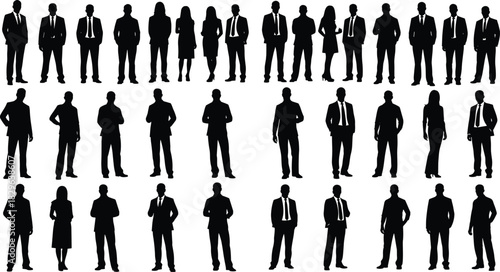 Mega Vector Silhouette Set of Diverse Business Professionals, Including Men and Women in Suits and Formal Wear, Representing Corporate Team, Management, and Office Staff Collection