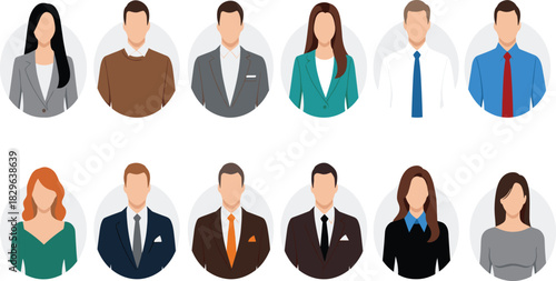 Professional business people avatar set including diverse men and women in various office attire and casual wear, representing corporate team members, employees, and users for websites and mobile 
