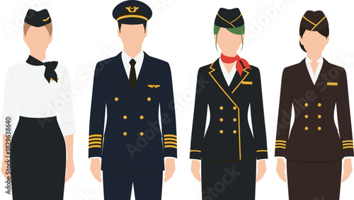 Professional airline crew uniform illustration, pilot and flight attendant vector design, aviation staff outfit collection, modern airline employee dress code graphic artwork
