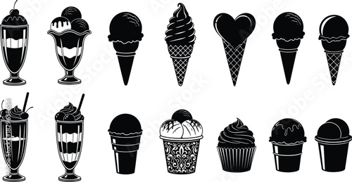 Varied Collection of Black Silhouette Ice Cream Icons and Frozen Desserts, Including Sundaes, Cones, and Milkshakes, Symbolizing Sweet Summer Refreshments and Delicious Treats.