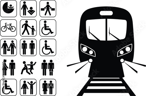 Public Transportation Icon Set Vector Graphic with Train, Subway, Metro, and Rail Passengers, Featuring Accessibility, Luggage, Bike, and Gender-Specific Informational Signs