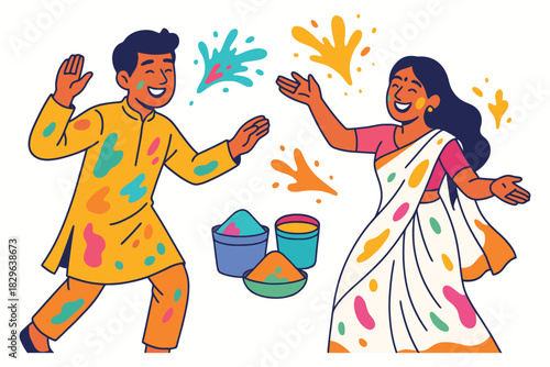 Joyful indian couple celebrating holi festival with vibrant colors