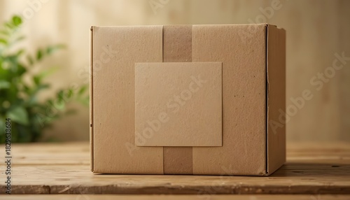 Rustic cardboard box on wooden table with blank label, perfect for branding mockups and sustainable shipping campaigns, eco-friendly packaging solutions