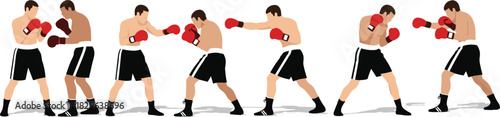 Set of illustrations depicting professional boxing match and training, showing various fighting positions, punches, and movements like jab, hook, and cross, perfect for fitness, sports, and fighting 