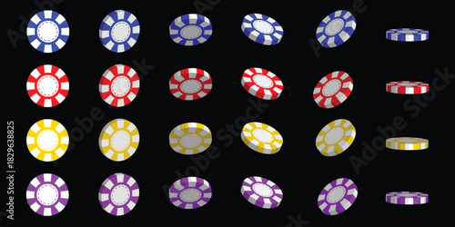3d casino poker chips. Blue, red, gold, purple and white chips for betting and gambling games. vector illustration on isolated background. 