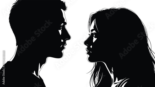 Vector Silhouette Profiles of Man and Woman Looking Intensely at Each Other, Representing Love, Connection, Conflict, Relationship, Communication, and Interpersonal Dynamics