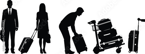 Vector Silhouette Set of Business Travelers and Luggage, Including Man and Woman Pulling Rolling Suitcases and Cart, Representing Airport Travel, Tourism, and Corporate Trip