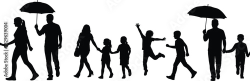 Vector silhouettes of various family groups including parents and children walking, running, and carrying umbrellas, symbolizing family life, protection, togetherness, childhood joy, safety