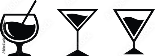 Minimalist Cocktail Glass Icons Featuring Martini and Rounded Styles with Liquid, Straw, Garnish Elements in Black and White Design