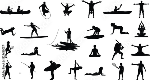 Vector Silhouettes Set of Outdoor and Water Sports Activities, Including Canoeing, Surfing, Fishing, Baseball, Tennis, and Yoga Poses, Representing Active Lifestyle and Recreation