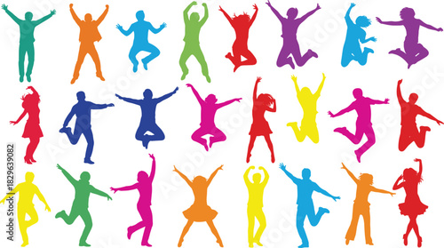 Vibrant silhouette collection of happy jumping people in various active poses, symbolizing freedom, joy, celebration, youthful energy, success, party, excitement, and diverse group activity