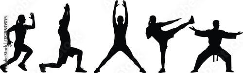 Vector Silhouettes Set of People Performing Fitness Workouts, Karate Kicks, Lunges, and Jumping Jacks, Representing Exercise, Martial Arts, Training, Health, and Active Lifestyle