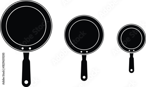 Stylized Frying Pan Silhouettes in Three Sizes with Handles and Rivets in Minimalist Black and White Kitchenware Icon Design