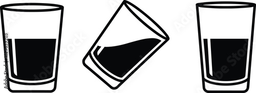 Stylized Drinking Glasses Showing Liquid Behavior in Tilted and Upright Positions with Gravity-Aligned Surface in Minimalist Black and White Design