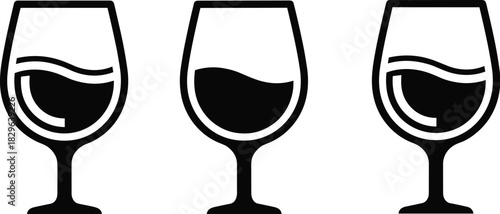 Stylized Wine Glass Silhouettes with Liquid Variations, Highlighted Reflections, and Wave Contours in Minimalist Black and White Graphic Design