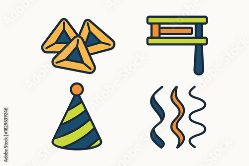 Purim holiday symbols and decorations in a colorful flat illustration style