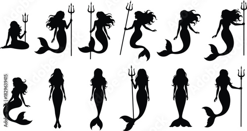 Collection of Black Mermaid Silhouettes and Fantasy Sea Creature Vectors, Posing with Tridents and Flowing Hair, Representing Mythology, Magic, Ocean Life, and Fairy Tale Themes.