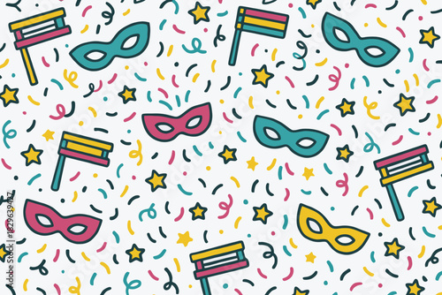 Festive purim pattern with masks noisemakers flags and confetti