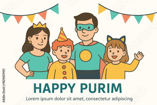 Happy purim family celebrating in costumes with festive bunting
