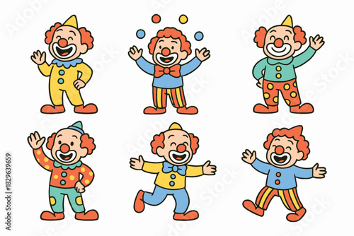 Collection of six happy cartoon clowns performing different actions