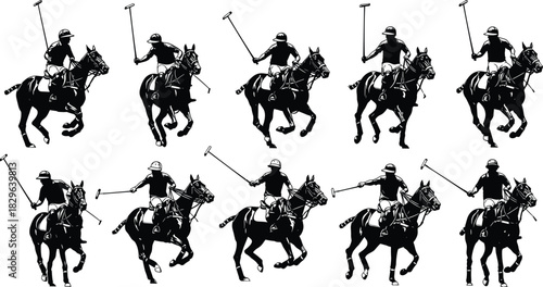 Set of Black Polo Player Silhouettes Riding Horses at Gallop, Illustrating Dynamic Action, Equestrian Sport, Team Competition, and Horseback Riding Games on White.