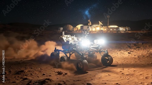 futuristic mars rover exploring red planet surface at night. illuminated space colony base with domes under starry sky. science fiction technology. astronomy, sci-fi concept. solar system colonization