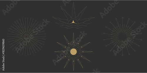 Sun line boho sunrise gold logo icon art moon sunburst shape a minimal image. It glows for magic and awareness design. A clean celestial symbol.