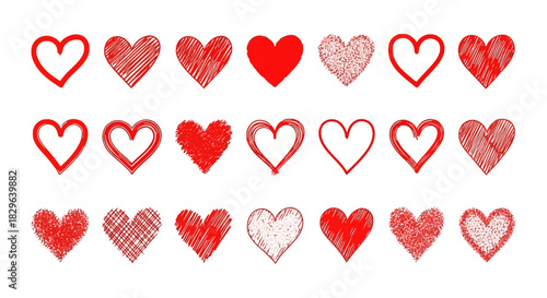 Collection of red heart shapes with various patterns and textures, isolated on