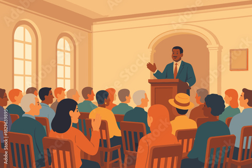 Speaker addressing diverse audience in a bright room with arched windows