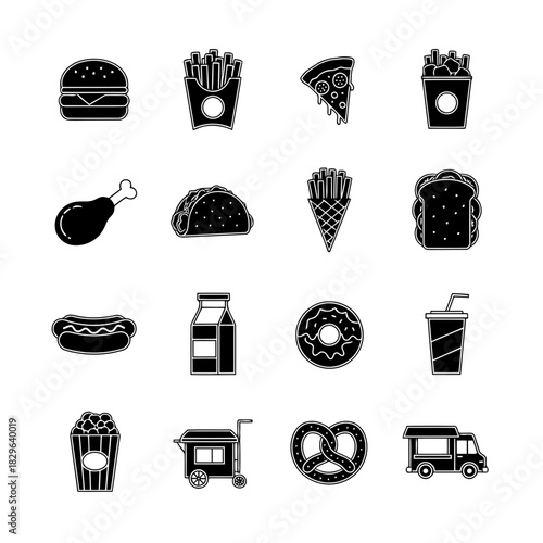 Collection of black and white food icons including burgers, fries, pizza, tacos, hot dogs, donuts, and more