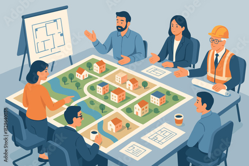 Diverse team collaborates on urban planning project around a detailed map