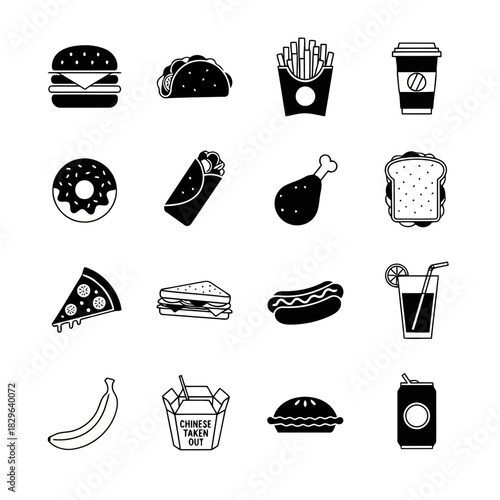 Collection of black and white icons representing various fast food items such as burgers, fries, pizza, and drinks