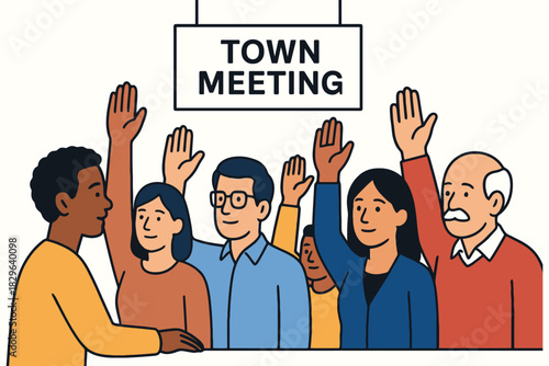 Diverse group of people raising hands at town meeting