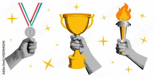 Hands holding silver medal golden trophy and burning torch for success