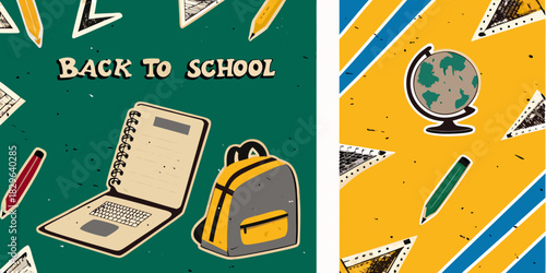 Colorful back to school illustration with school supplies and accessories