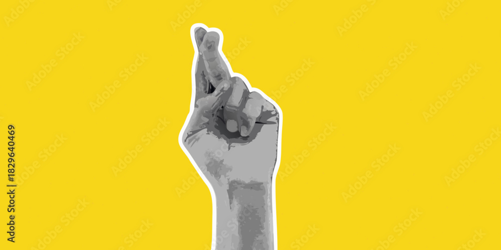 Fototapeta premium Fingers crossed hand gesture on a bright yellow background for good luck