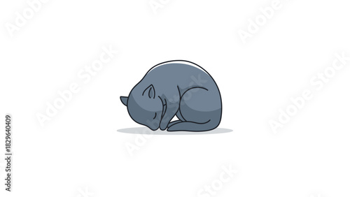 A simple cartoon illustration of a cute grey cat curled up sleeping peacefully on a plain white background.