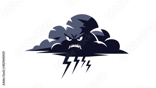 A dark, stylized cartoon cloud with an angry monster face and sharp fangs, emitting lightning bolts downwards on a white background.