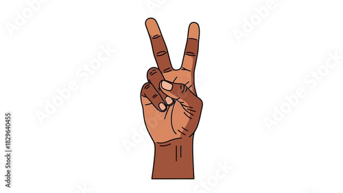 A detailed illustration of a human hand with dark skin making a peace or victory sign against a white background.