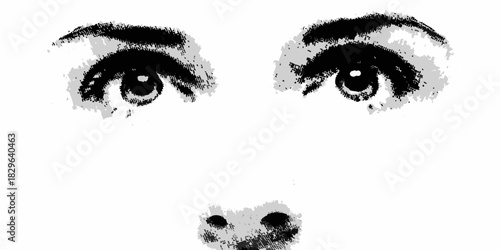 Abstract black and white image of eyes and nose with halftone effect