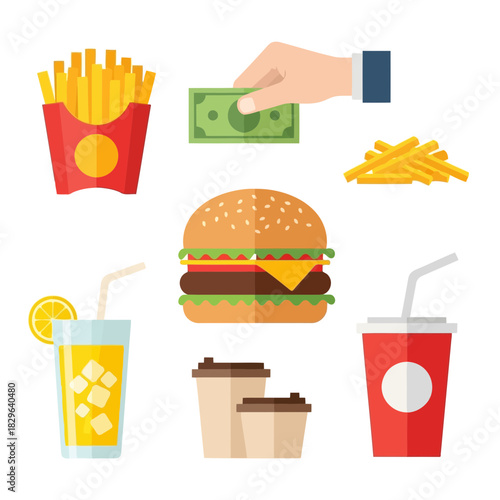Fast food items including a burger, fries, coffee, and a soda drink isolated on