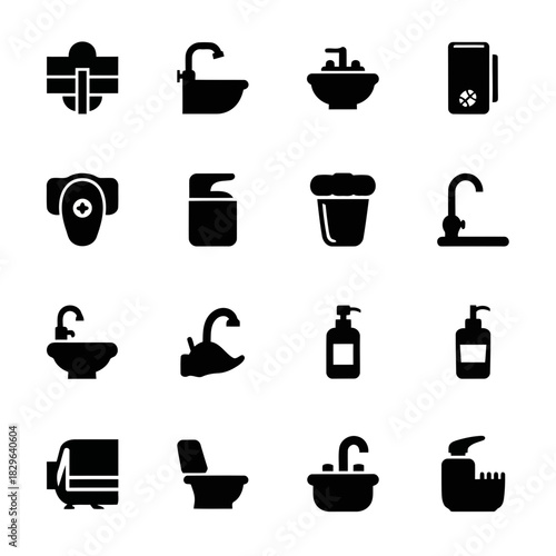 Set of bathroom and kitchen icons including sink, toilet, bathtub, shower, faucet, and cleaning supplies